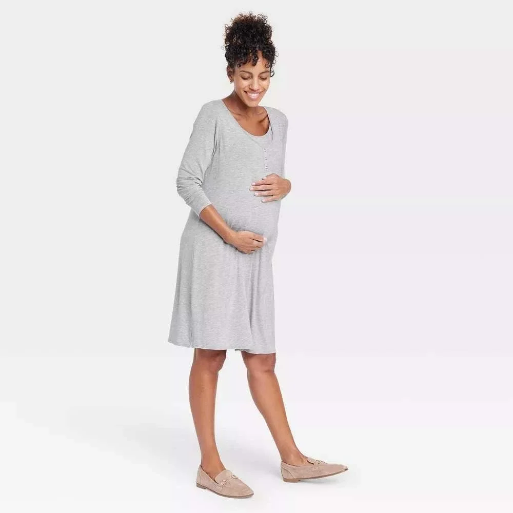 Isabel Maternity by Ingrid &‎ Isabel Gray Long Sleeve Nursing Dress Size XS